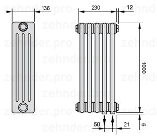Схема (чертеж) Радиатор Zehnder Charleston 4100/5 №5510 Белый глянцевый RAL 9016